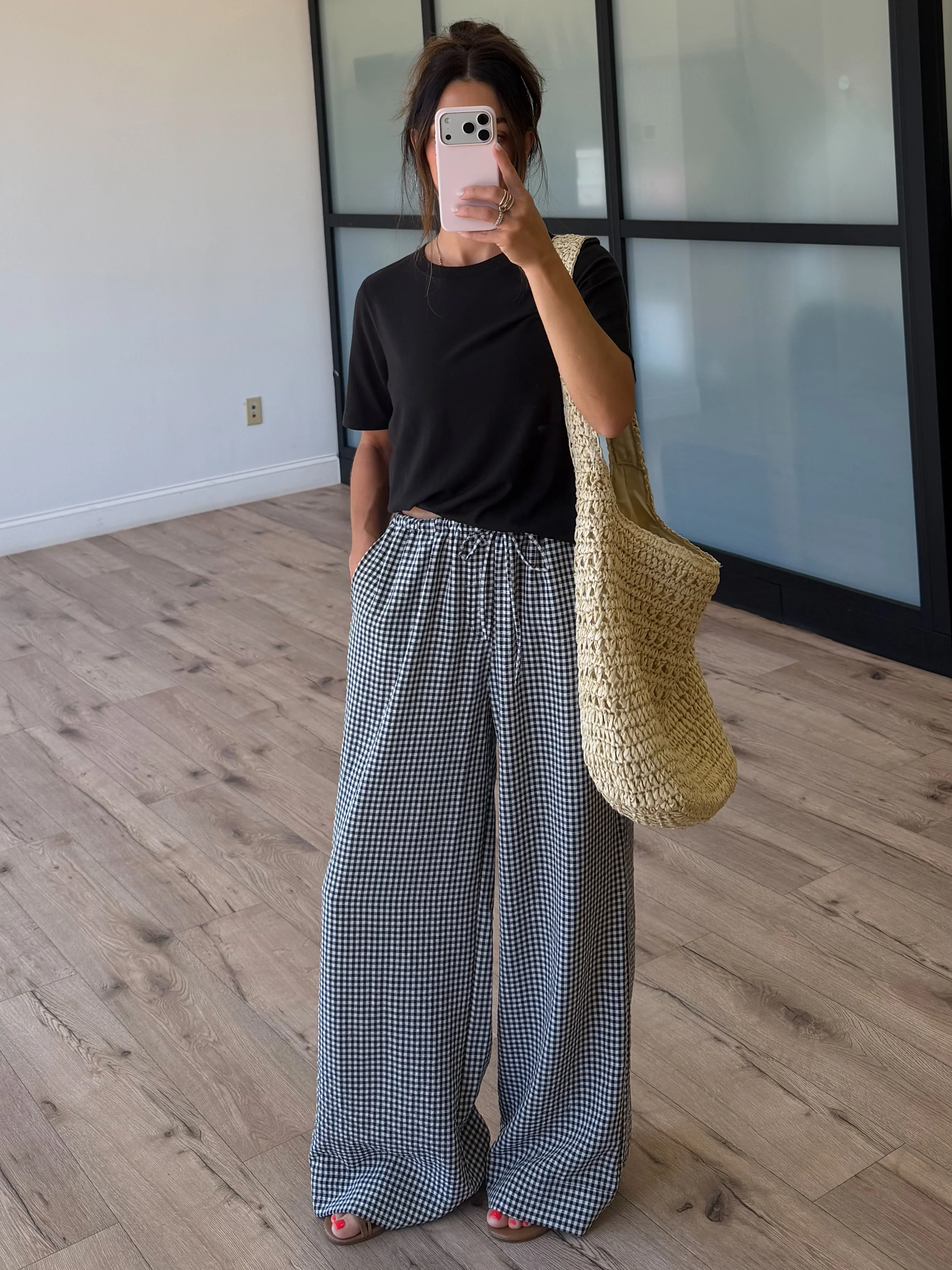 Gingham Leisure Wide-Leg Pants | Black - Image 5