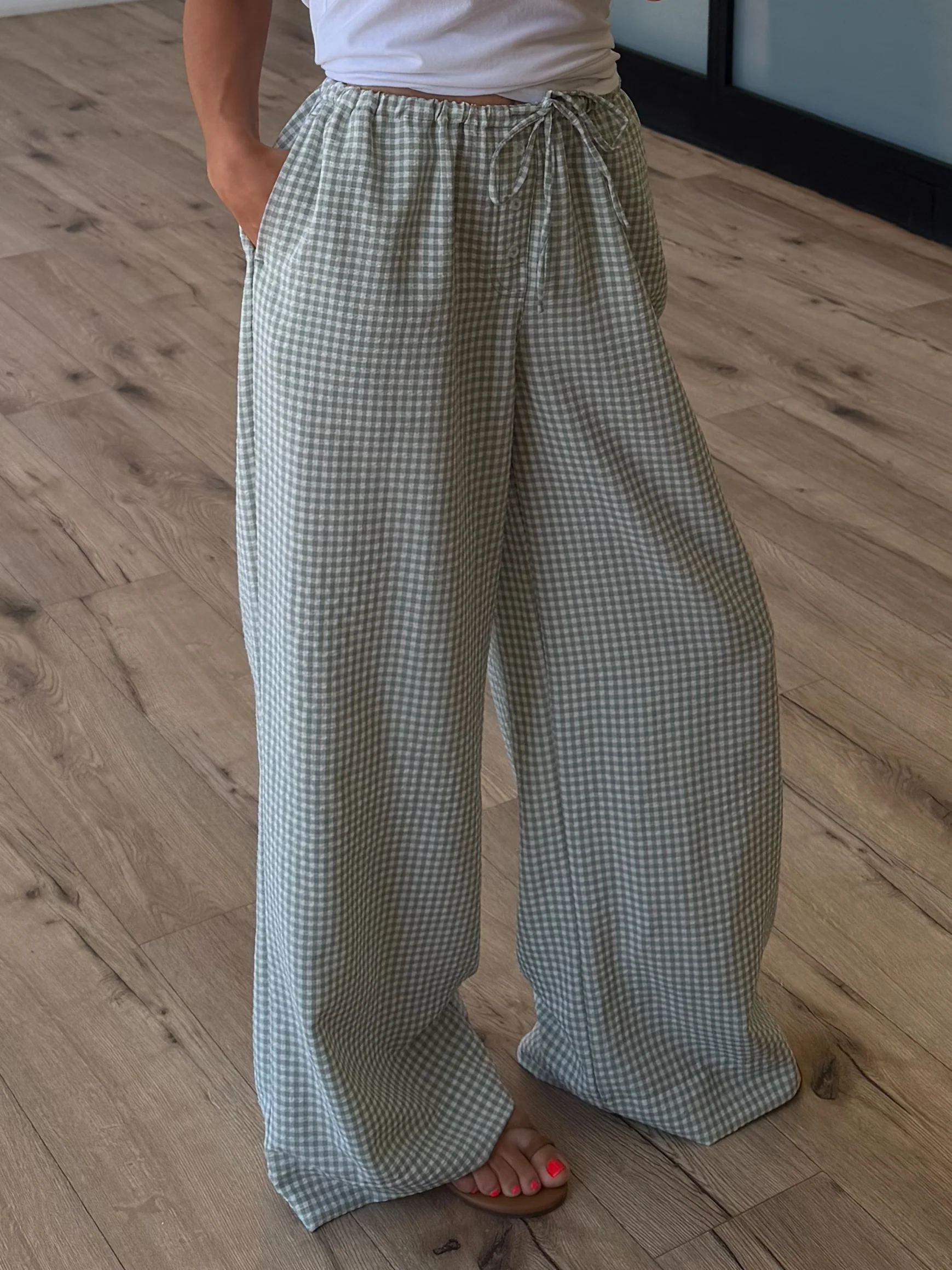 Gingham Leisure Wide-Leg Pants | Light Sage