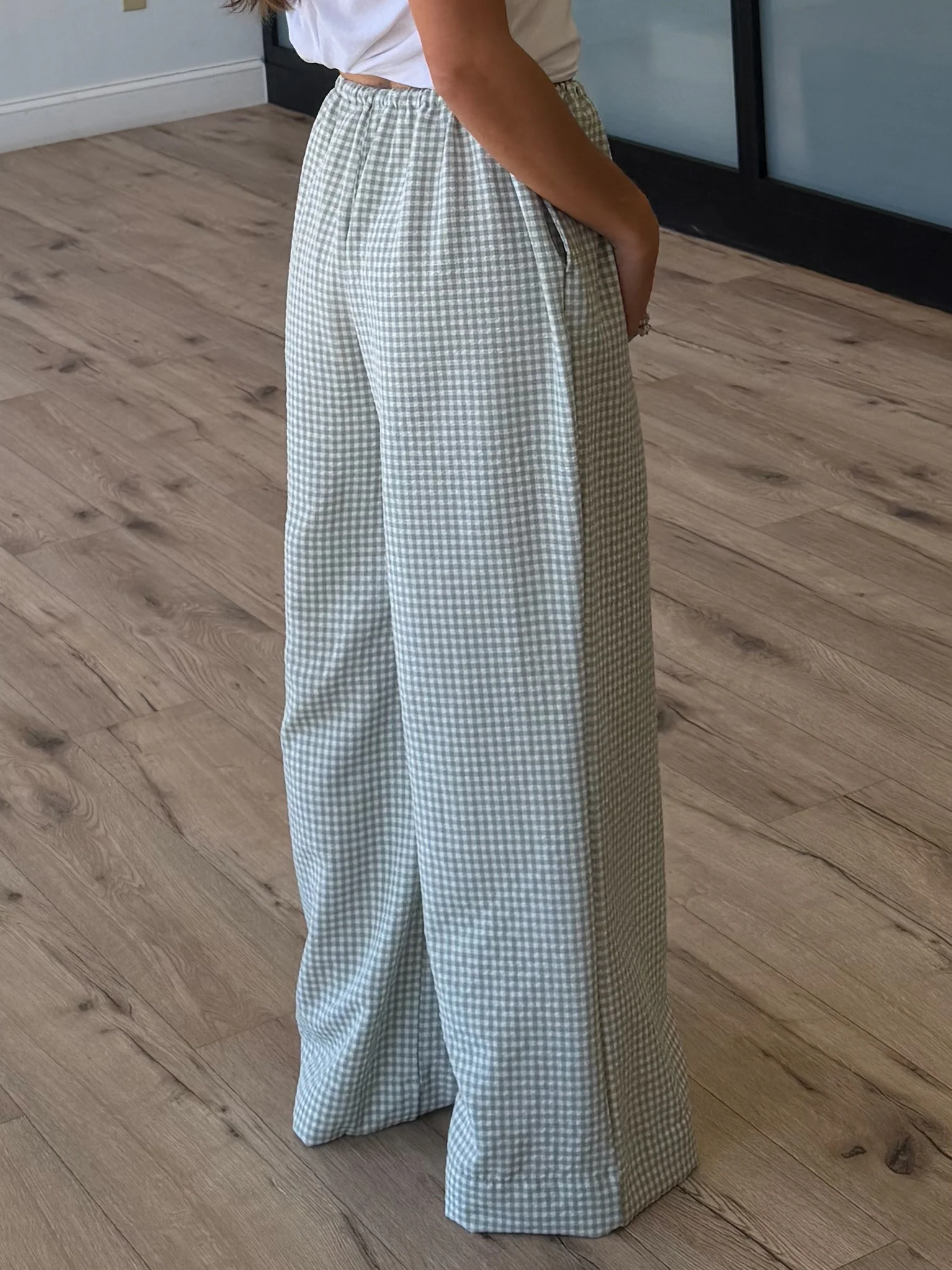 Gingham Leisure Wide-Leg Pants | Light Sage - Image 2