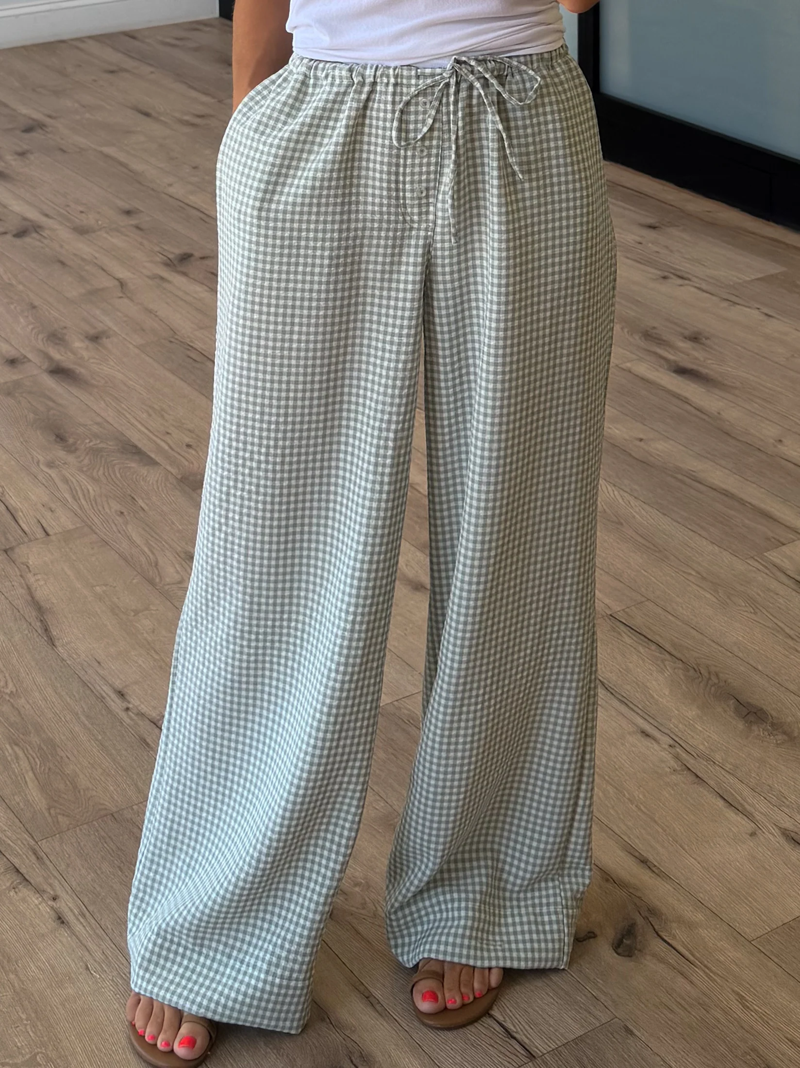 Gingham Leisure Wide-Leg Pants | Light Sage - Image 3