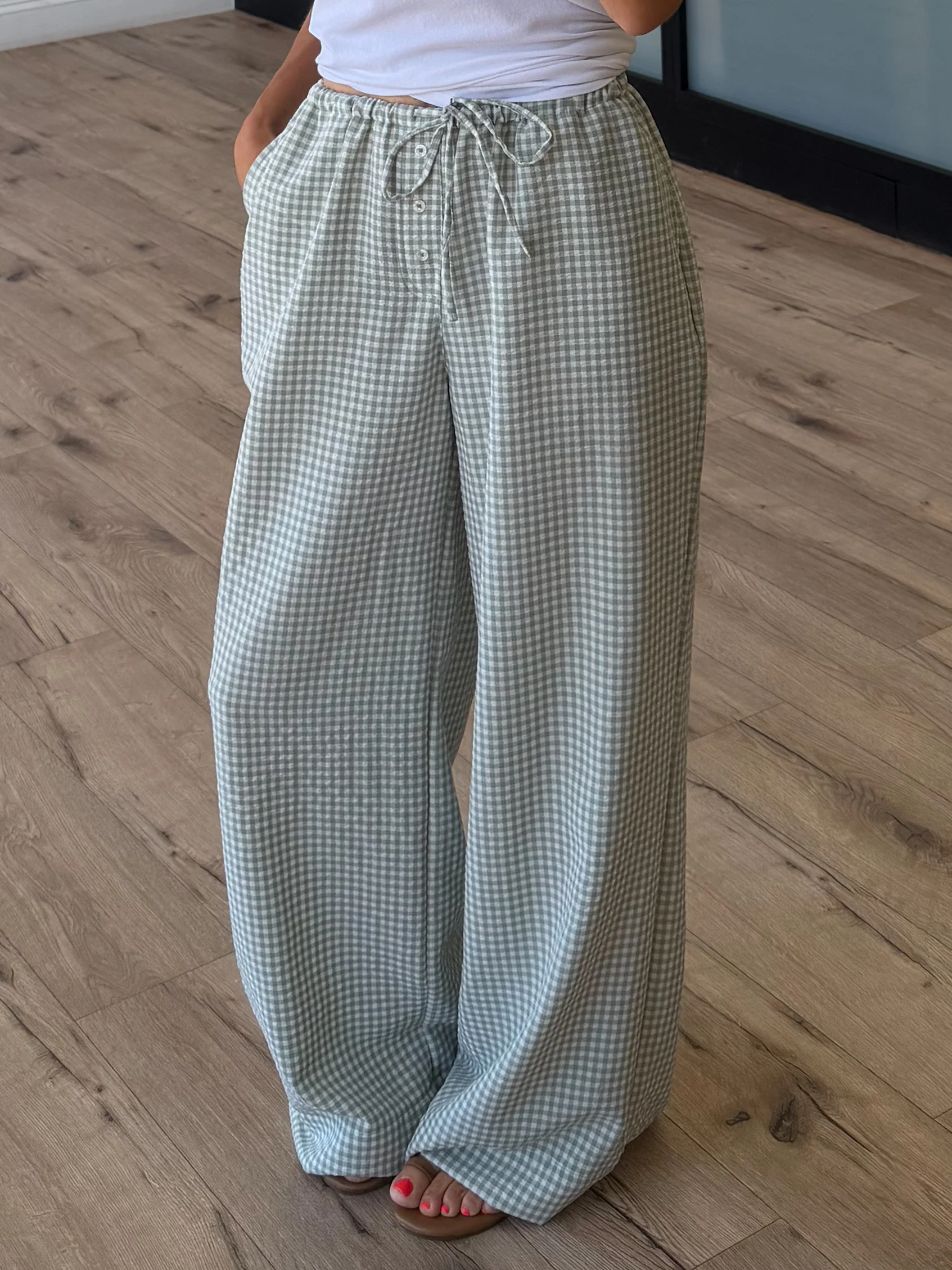 Gingham Leisure Wide-Leg Pants | Light Sage - Image 4