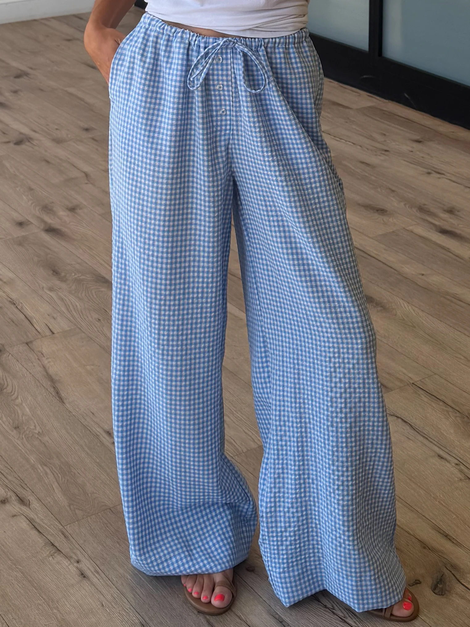 Gingham Leisure Wide-Leg Pants | Sky Blue