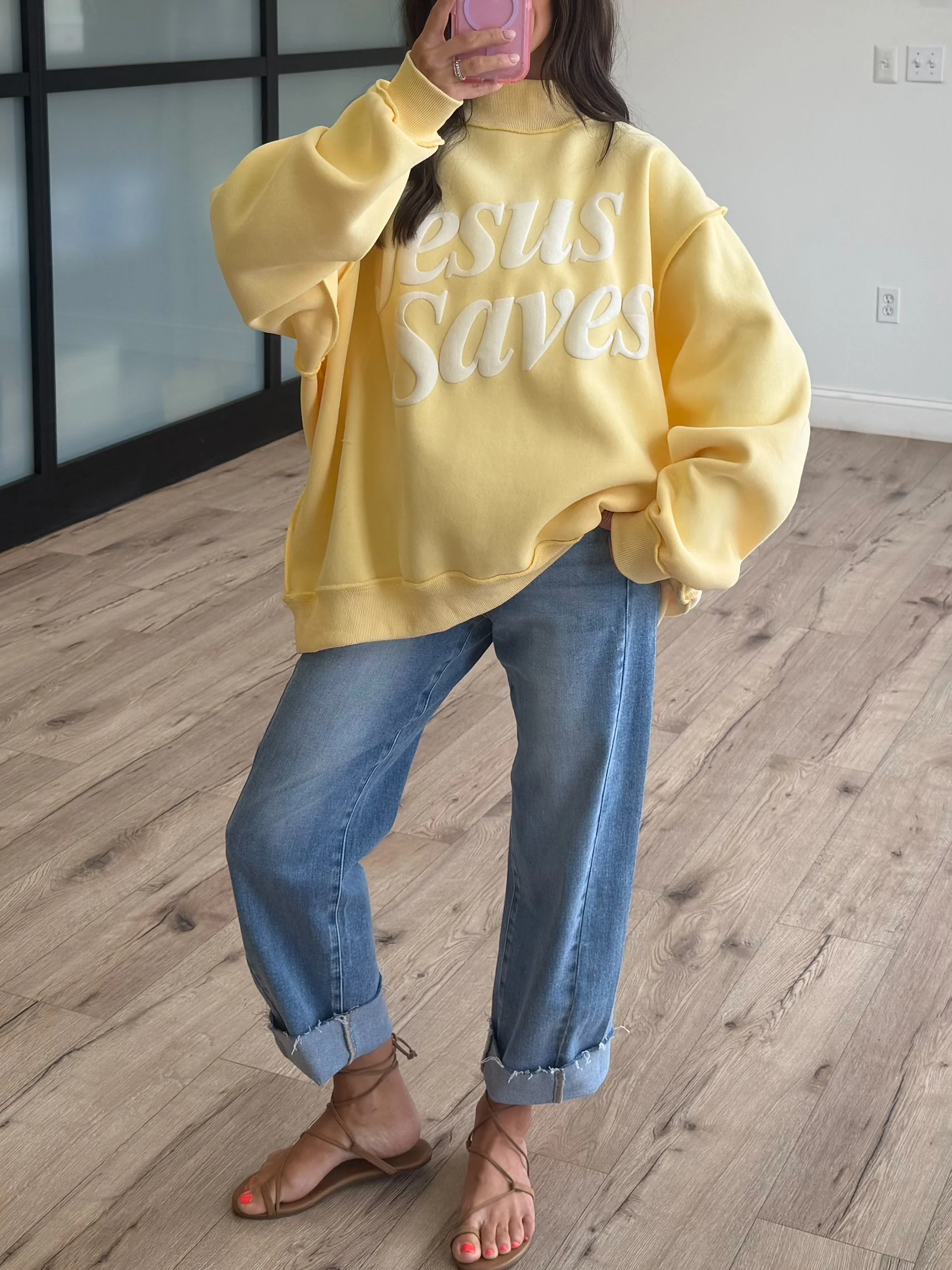 "Jesus Saves" Mock Neck Sweatshirt | Canary - Image 2
