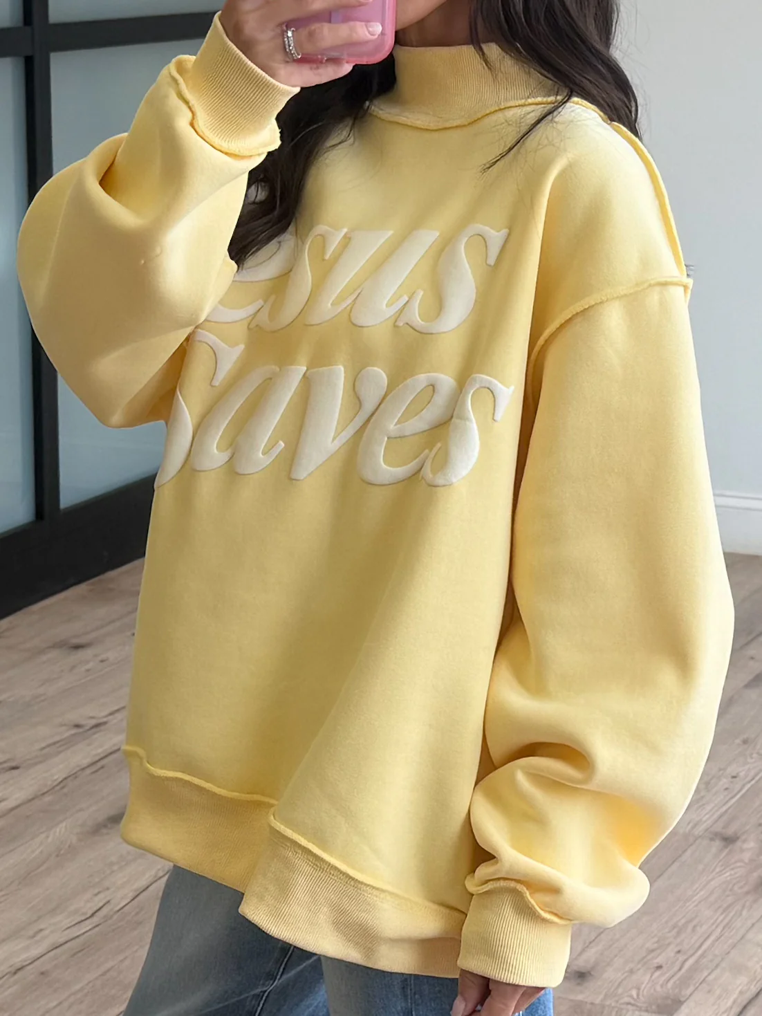 "Jesus Saves" Mock Neck Sweatshirt | Canary - Image 5