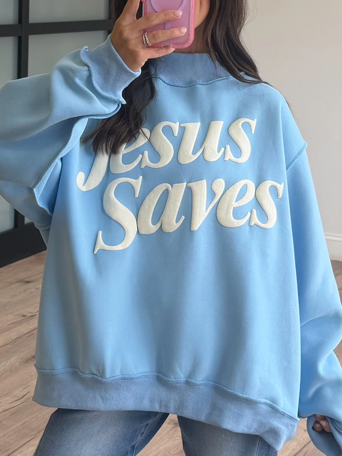 "Jesus Saves" Mock Neck Sweatshirt | Sky - Image 2