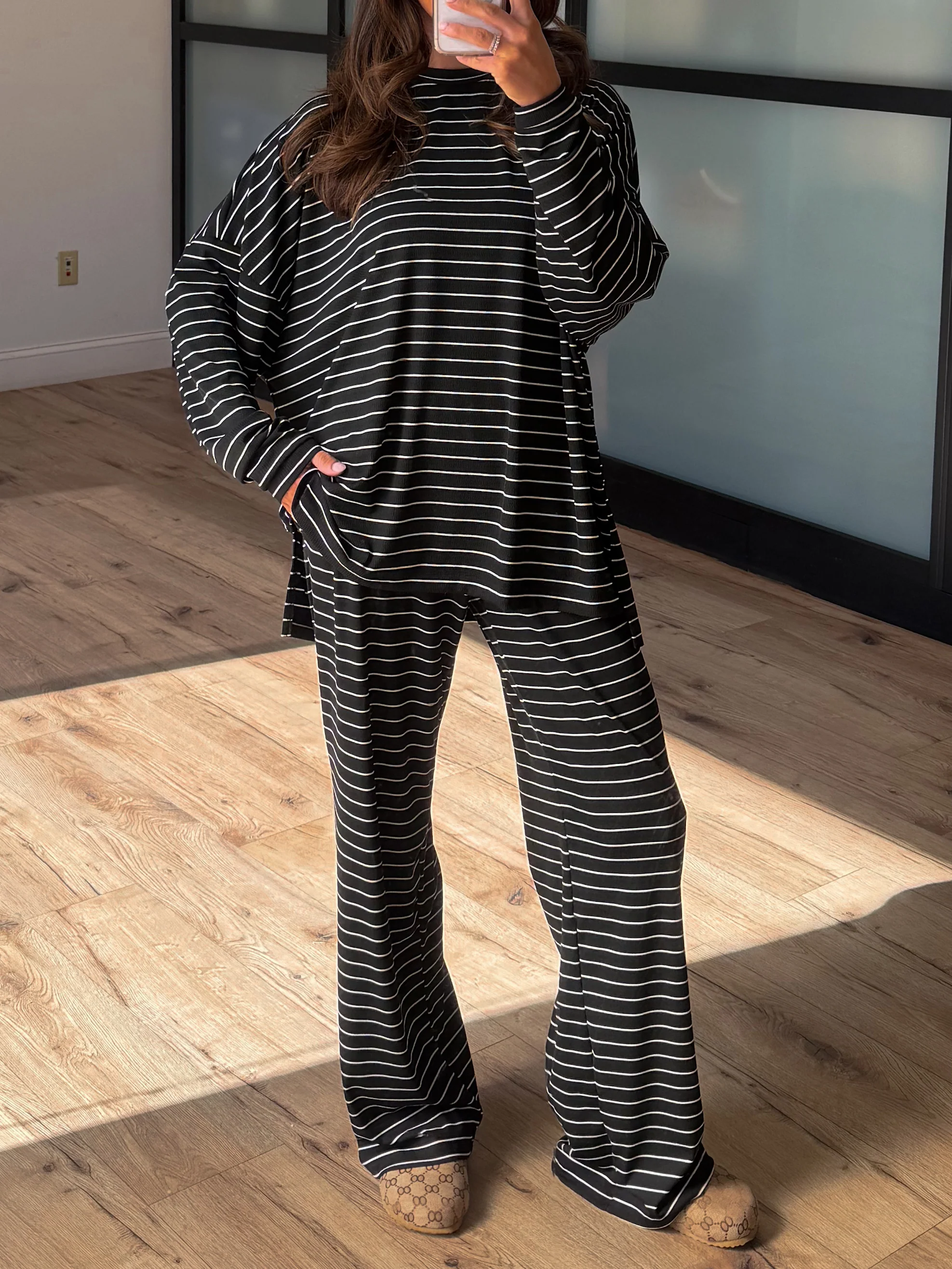 Homebody Stripe Ribbed Set | Black | +Plus Available