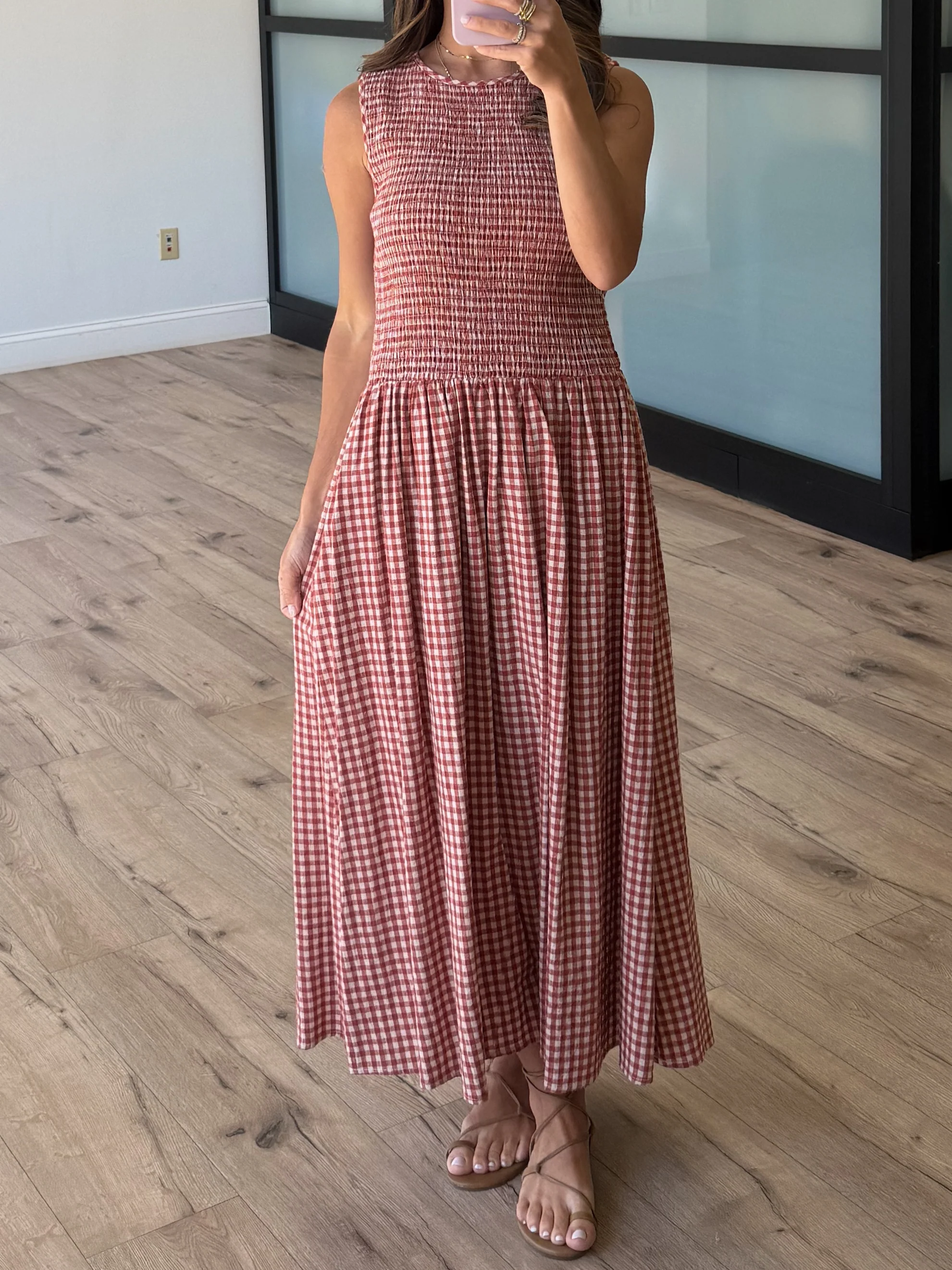 Sweet Tea Gingham Smocked Midi Dress
