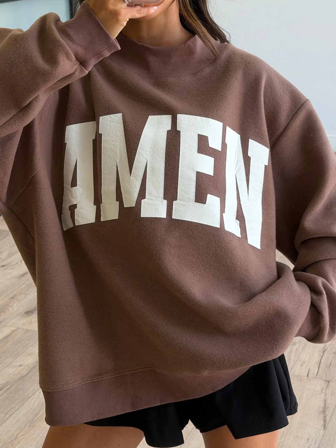 "WWJD/AMEN" Mock Neck Sweatshirt | Chocolate