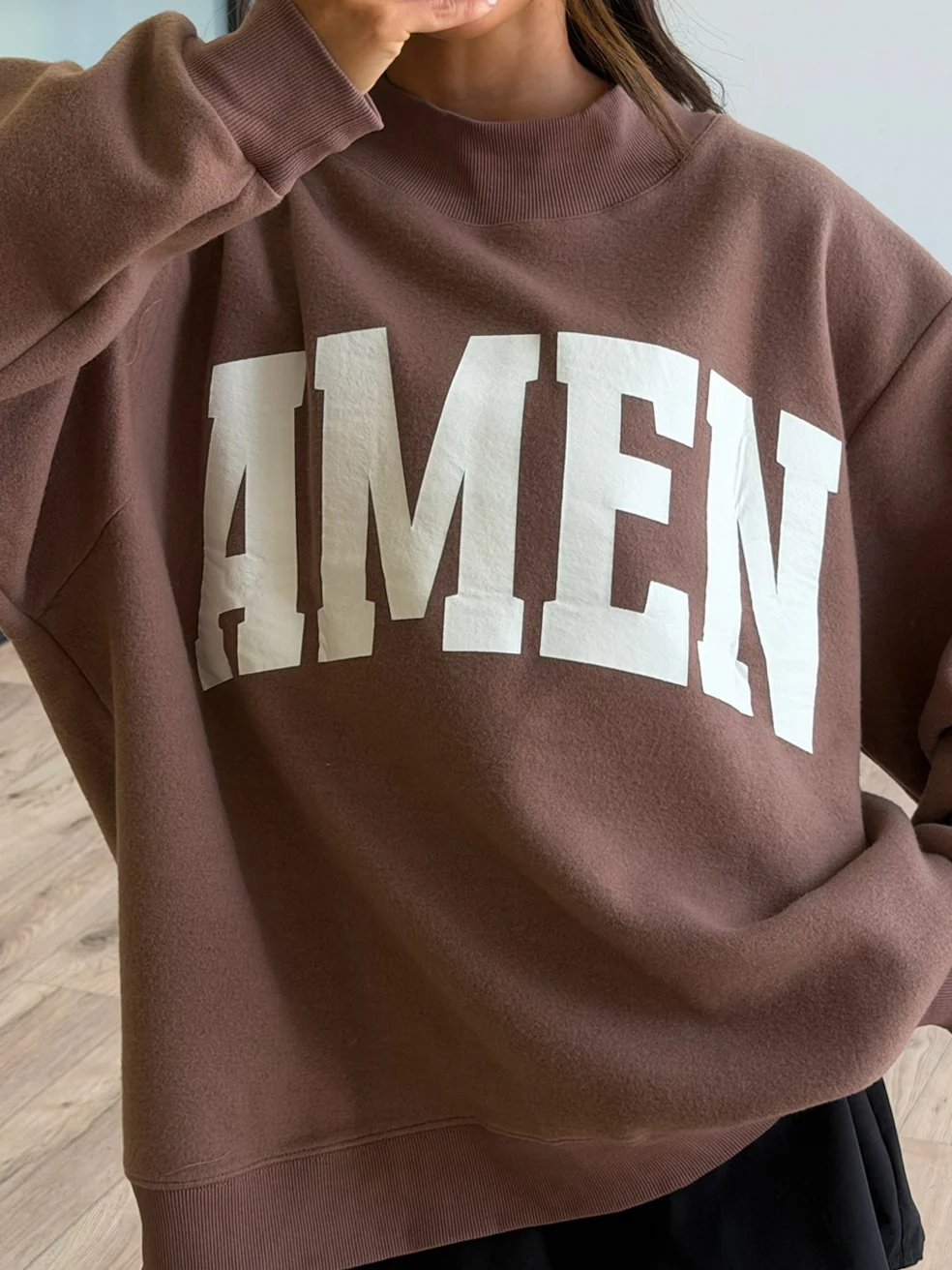 "WWJD/AMEN" Mock Neck Sweatshirt | Chocolate - Image 7