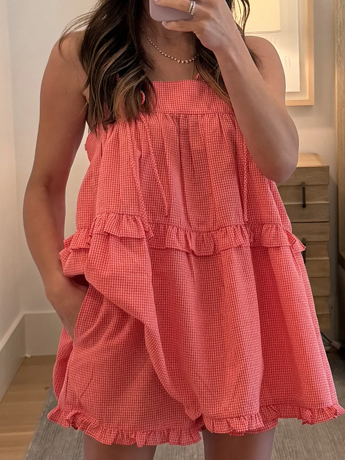 Yara Gingham Ruffle Trim Shorts | Peach - Image 2