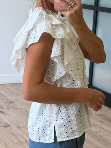Zia Eyelet Flutter Sleeve Top | White - Image 3