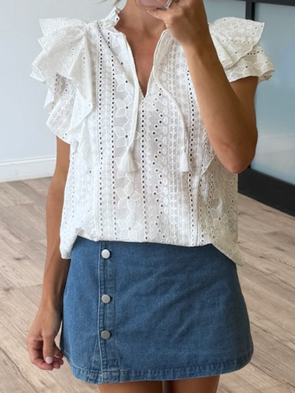 Zia Eyelet Flutter Sleeve Top | White - Image 4